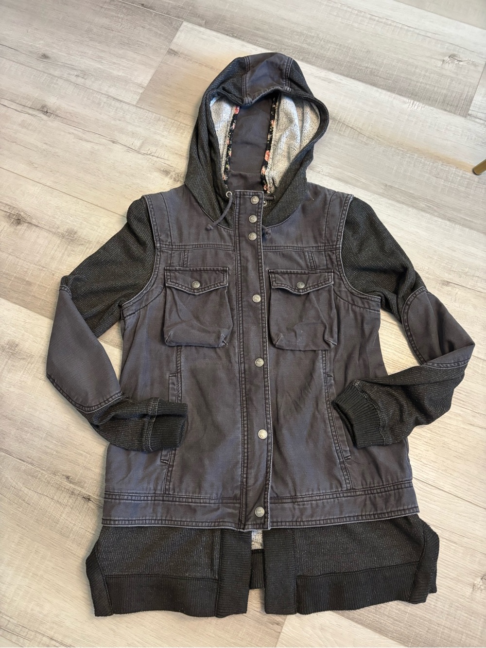 Free People Hooded Utility Jacket Sweater Mix Media Gray S - Picture 14 of 16